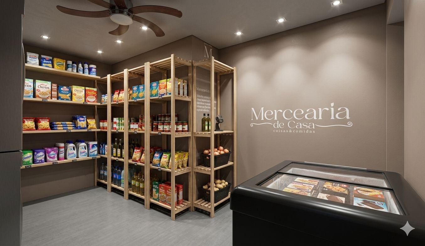 Projeção: sala com estantes de pinus abastecidas, freezer horizontal e a logo Mercearia de Casa na parede.